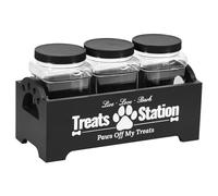 Dog Treat Container, Food Storage Container with 3 Treat Jars, Wood Dog Treat Holder with Handle, Reusable Cat Treat Container, Pet Treat Storage Organizer, Dog Food Container for Dog Cat (Black)