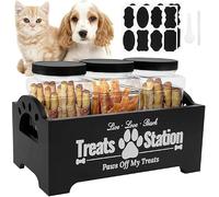 Dog Treat Container Set, Wood Pet Food Storage Container with 3 Airtight Plastic Jars, Stickers, Pen and Scoop, Farmhouse Decorative Dog Snack Organizer for Dogs Cats Small Animal (Black)