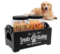 Dog Treat Container Wooden Dog Food Storage Container with 2 Plastic Jars Pet Biscuit Container Farmhouse Cat Treats Canned Organizer Dog Treat Canister and Storage for Pet Owners and Lovers (Black)