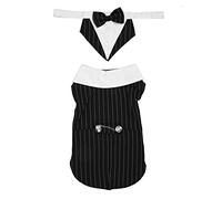 Dog Tuxedo Suit | Classic Vertical Stripe Wedding Outfit/Festive Costume/Birthday Party Attire | Bow Tie & Chain Clasp | Fits Small & Medium Breeds (L)