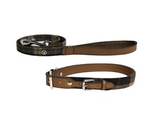 Dog Tweed Check Collar or Lead Rosewood Designer Luxury Soft Leather & Suedette