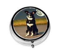 Dog Under Moon A Round Mini Pillbox with Three Compartments for Storing Vitamins, Fish Oil, and Nutritional Supplements.