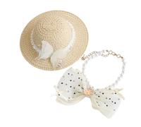 Dog Visor Bow Headgear and Pearl Necklace | Adjustable Countryside Style Dog Hat Set for Large Breed Puppy Kitten Photo Props Beach Party Outdoor