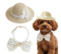 Dog Visor | Pearl Necklace and Headpiece, Set Adjustable Hat for Dogs Country Style, Large Medium Size Puppies Kittens Photos Beach Party Walks