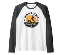 Dog Walking Champion Pet Lover Sunset Silhouette Raglan Baseball Tee, Men, Dark Heather/White, L