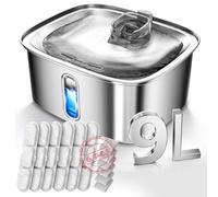 Dog Water Fountain for Large Dogs, 9L/2.4Gal Stainless Steel Dog Fountain with Water Level Window & Filtration, Automatic Pet Water Bowl Dispenser Indoor, Super Quiet (with 6 Filters)