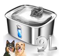 Dog Water Fountain for Large Dogs, 9L/2.4Gal Stainless Steel Dog Fountain with Water Level Window & Filtration, Automatic Pet Water Bowl Dispenser Indoor, Super Quiet for Multi-Pet