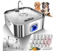 Dog Water Fountain Stainless Steel, 410oz/3.2Gal/12L Large Pet Water Fountain for Large Dog, Dog Water Bowl Dispenser with Water Level Window & LED Indicator, Super Quiet, with 6 Packs Filters