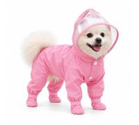 Dog Waterproof Coat with Legs, Hooded Raincoat for Small Dogs & Puppies | Full-Body Rain Cover with Clear Visor & Reflective Strip, Harness Hole & Four-Leg Fit, Pink(#G05-Pink,L)