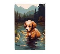 Dog Went Fishing In The Pond Wall Metal Sign Funny Tin Sign Vintage Plaque Tin For Restaurant Shed Bar Pub