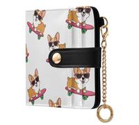 Dog White Skateboard Pattern Small Women Wallet RFID Blocking PU Leather Bifold Compact Card Holder with Zipper Coin Pocket Purse for Girls Women Ladies
