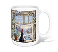 Dog Winter Landscape Ceramic Coffee Mug 15oz | Cardinal Bird, Drinking Cup, Snowy Cabin, Morning Glories, Cozy Window View, Scenic Landscape