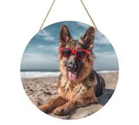 Dog with Glasses Ocean Beach Round Wood Panel Painting 12 Inch Hanging Plaque Rustic Farmhouse Wall Art Home Decor with Rope