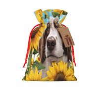 Dog with Sunflowers -Print Reusable Burlap Pouches Drawstring Bags, Rustic Wedding Christmas Party Favors Bulk Packaging.