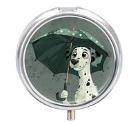 Dog with Umbrella Pill Box 3 Compartment Travel Pill Organizer 3 Times A Day Cute Mini Pill Case for Purse & Pocket Portable Metal Medicine Box with Mirror Round Daily Medicine Vitamin Container