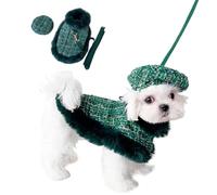 Dog Woolen Plaid Cape with Matching Beret and Leash Set of 3, Small Dogs Cats Plush Christmas Sweater Coat Dress (Green,L)