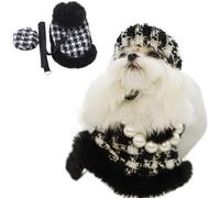 Dog Woolen Plaid Cape with Matching Beret and Leash Set of 3, Small Dogs Cats Plush Christmas Sweater Coat Dress (Black,S)