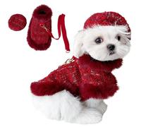 Dog Woolen Plaid Cape with Matching Beret and Leash Set of 3, Small Dogs Cats Plush Christmas Sweater Coat Dress (Red,XS)