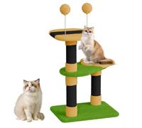 Dogat Bee-Shaped Cat Scratching Post with Soft Perch, 31in Small Cat Tree for Kittens & Adult Cats, Scratch Post with 2 Hanging Toy Balls for Indoor Play (Green+Deep Yellow)
