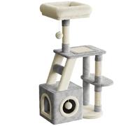 Dogat Cat Tree, 107cm Cat Scratching Post for Indoor Cats, Multi-Level Stable Cats Tower with Scratching Post and Perches, 2 Plush Toy Balls, 1 Cave, for Kitten Climbing, Playing (Grey and Beige)