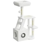 Dogat Cat Tree, 107cm Cat Scratching Post for Indoor Cats, Multi-Level Stable Cats Tower with Scratching Post and Perches, 2 Plush Toy Balls, 1 Cave, for Kitten Climbing, Playing (White)