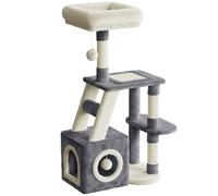 Dogat Cat Tree 107cm for Indoor Cats, Multi-Level Cat Tower with Scratching Post, Large Top Perches, Cozy Condo, Scratching Board & Dangling Ball (Dark Grey and Beige)