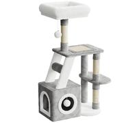 Dogat Small Cat Tree, 107cm Cat Scratching Post for Indoor Cats, Multi-Level Stable Cat Tower with Scratching Post and Perches, 2 Plush Toy Balls, 1 Cave (Grey and White)