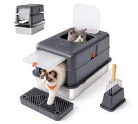 Dogat Stainless Steel Litter Box with Lid, XXL, Prevent urine leakage | Flip Top, Dual Entry, 85L Spacious Capacity for Big Cats, Charcoal Filter, Metal Scoop, Holder, Foot Pedal, Grey