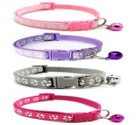 Doggie Style Store 4 Pack of Collars Small Dog Puppy Pet Pawprint Design with Bell Nylon Adjustable Size 19-32cm Pink Light Purple Grey Rose Set B