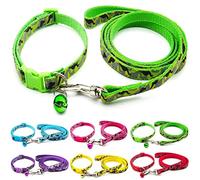 Doggie Style Store Small Dog Puppy Pet Collar and Lead Set Camo Camouflage Design Nylon Adjustable Size 19-32cm Collar with Bell and 120cm Leash Green