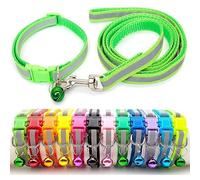 Doggie Style Store Small Dog Puppy Pet Collar and Lead Set Reflective Hi-Vis Strip Nylon Adjustable Size 19-32cm Collar with Bell and 120cm Leash Lime Green