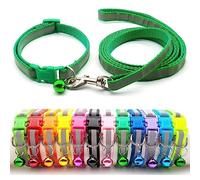 Doggie Style Store Small Dog Puppy Pet Collar and Lead Set Reflective Hi-Vis Strip Nylon Adjustable Size 19-32cm Collar with Bell and 120cm Leash Green