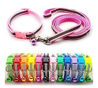 Doggie Style Store Small Dog Puppy Pet Collar and Lead Set Reflective Hi-Vis Strip Nylon Adjustable Size 19-32cm Collar with Bell and 120cm Leash Pink