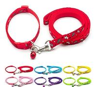 Doggie Style Store Small Dog Puppy Pet Collar and Lead Set Scotty Dogprint Design Nylon Adjustable Size 19-32cm Collar with Bell and 120cm Leash Red