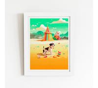 Doggy On A Beach Holiday Framed Art Print Warren Reed - Designer White W16 inch x H24 inch