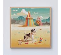 Doggy On A Beach Holiday Framed Canvas Warren Reed - Designer Light Brown W30 inch x H30 inch