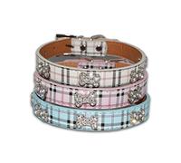 Doggystyles Dog Collar Puppy Coller Tartan Plaid Diamante Bone Small Medium PU Leather Terrier Scottish UK (X-Small 22-28cm W=1.5cm, Cream)