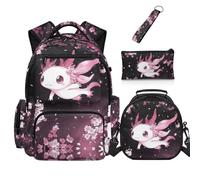 doginthehole 4Pcs Backpack for School Girls Lightweight Bookbag with Lunch Box Set School Bag for Girls 6-8 8-12, Axolotl, One Size