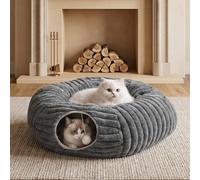 Dogpals Ultra-Soft Cat Tunnel Bed - Soft Washable Cushion, Peekaboo Hideaway Cave for Indoor Cats, Kittens, Puppies, and Rabbits - Deluxe Upgraded with Luxurious Striped Hare-Feel Fabric (Deep Grey)