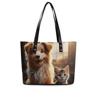 Dogs And Cats Leather Tote Bag for Women Work Shoulder Purses with Zipper Waterproof Large Computer Shoulder Bag Fashion Ladies Shoulder Handbag Reusable Shopping Bags