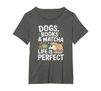 Dogs, Books and Matcha Life is Perfect Green Tea Matcha T-Shirt, Women's Plus, Asphalt Grey, 1X