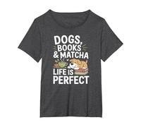 Dogs, Books and Matcha Life is Perfect Green Tea Matcha T-Shirt, Women's Plus, Dark Heather Grey, 3X