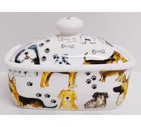 Dogs Butter Dish Fine China Collage Multi Cute Dog Covered Lid Container Hand Decorated in UK