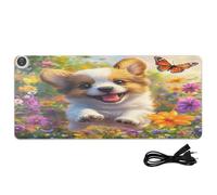 Dogs Butterfly Flowers Yellow Print Heated Desk Mat Large Heated Office Desk Mat with 3 Heating Levels PU Leather Computer Accessories for Office Decor, 35.4x15.7in