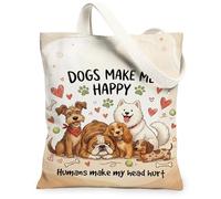 Dogs Canvas Tote Bag for Women, Playful Fanciful Hearts Paw Prints None Cream Washable Reusable Market Tote Bag for Shopping Brunch Park Library Day Trips 13x15 Inch