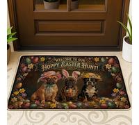 Dogs Door Mat, Festive Fanciful Easter Eggs Flowers Easter Brown Washable Low Profile Under Doormat Rug for Home Indoor Outdoor Entryway Porch Decor 29x17 Inch