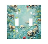 Dogs Double Light Switch Cover Plate, Playful Nature Water Balls Summer Blue Plastic Standard Size Toggle Light Switch Cover for Living Room Bedroom Home Office Decor