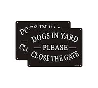 Dogs in Yard Please Close the Gate Sign, Yuntarda(2 Pack) 10x7inches Reflective Metal Signs 0.40 Aluminum Sign Heavy Duty Professional Printing PreDrilled Holes For Easy Mounting Indoor or Outdoor