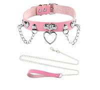 Dogs Pet Pink Leather Choker Collar with Chain Leash Set Heart Pendant Necklace Emo Gothic Accessories