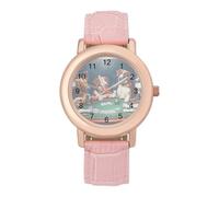 Dogs Playing Poker Classic Watches for Women Pink Leather Strap Trendy Quartz Watch for Small Wrists